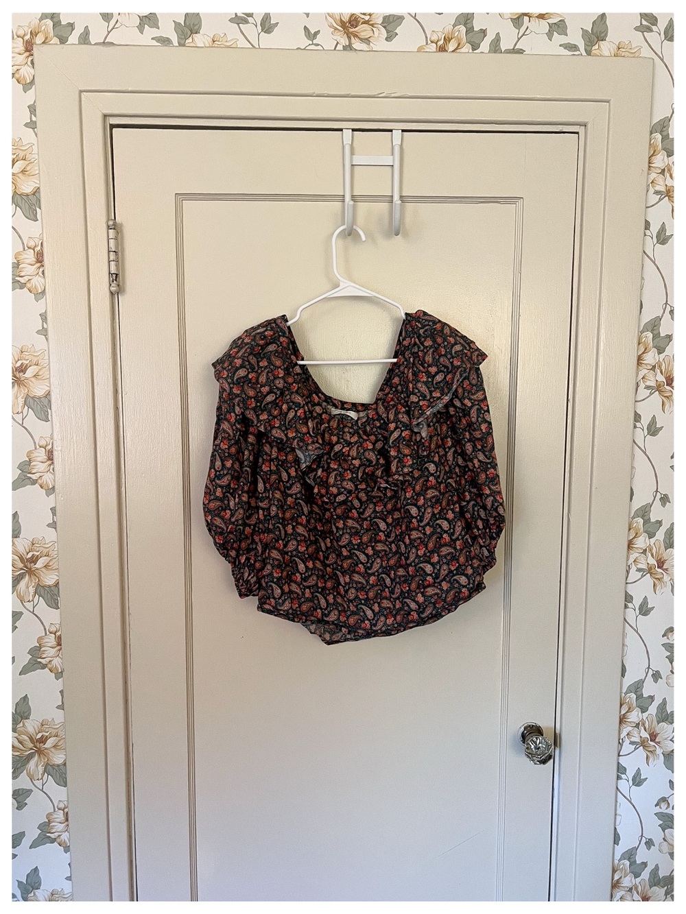 Doen Black Paisley Ruffled Blouse with Red & Pink Accents